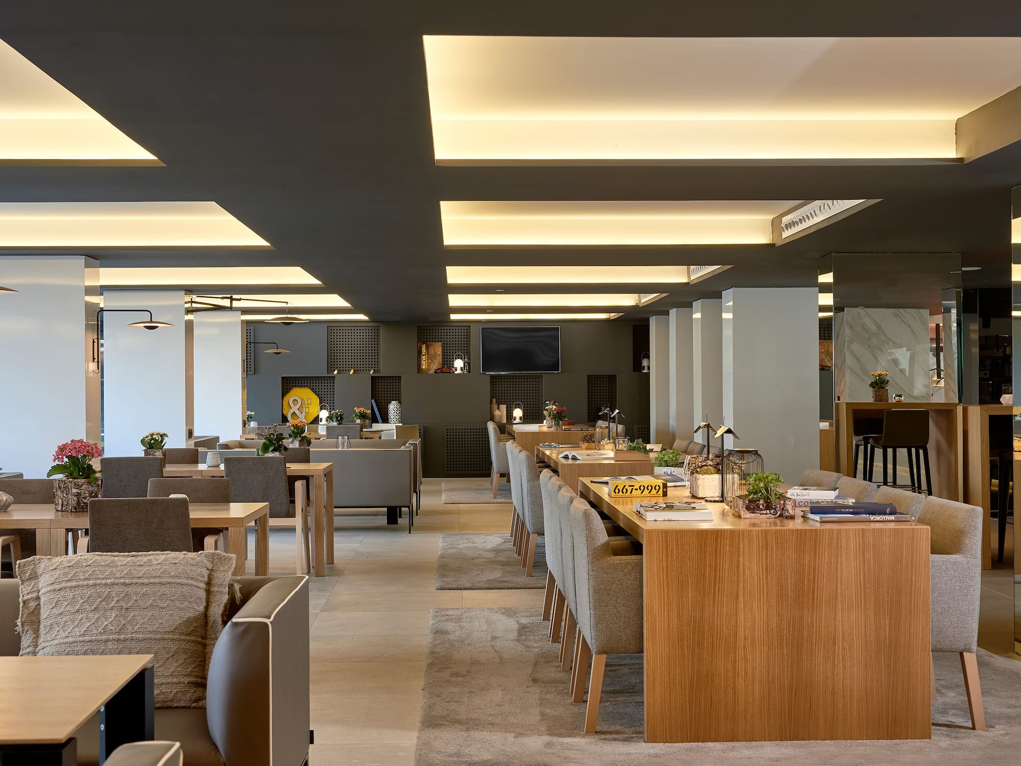 a room with tables and chairs