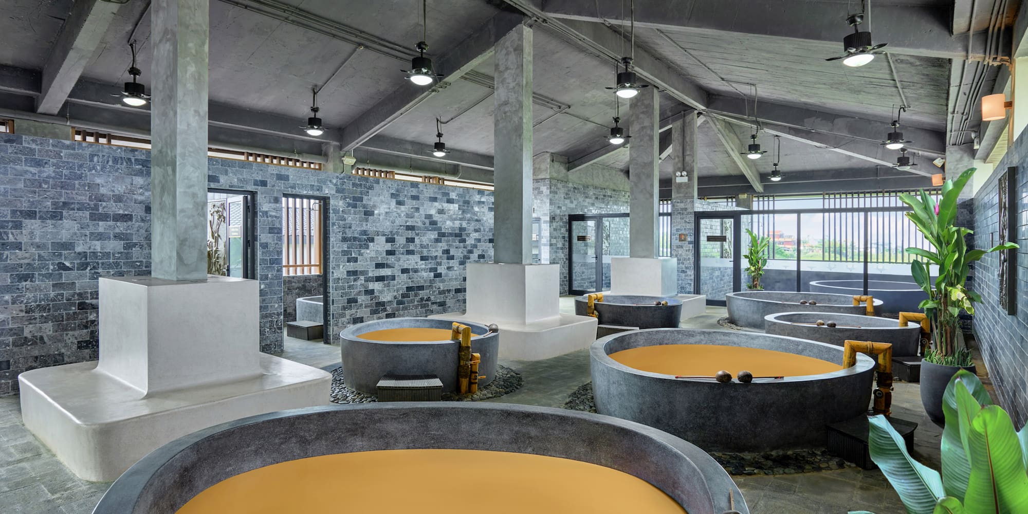 a large room with large round objects