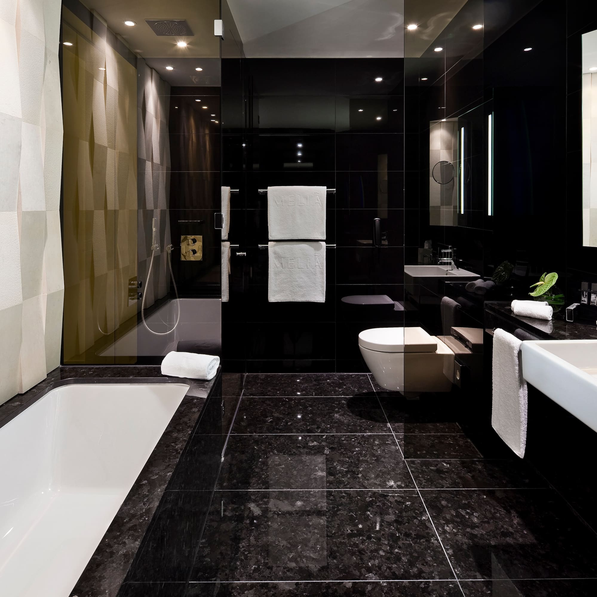 a bathroom with a black tile floor
