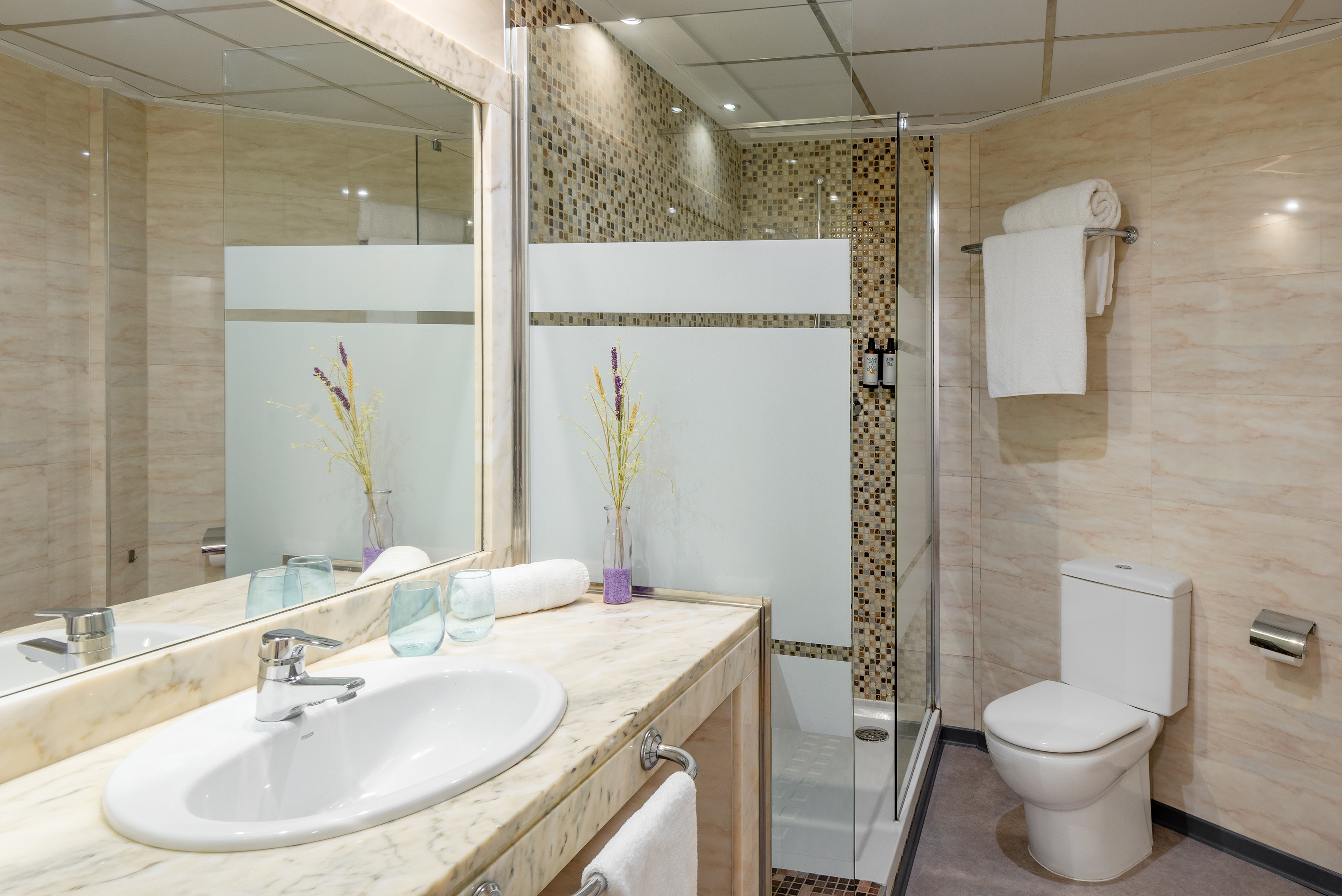 Hotel bathroom featuring a marble vanity, sink, shower, and toilet.