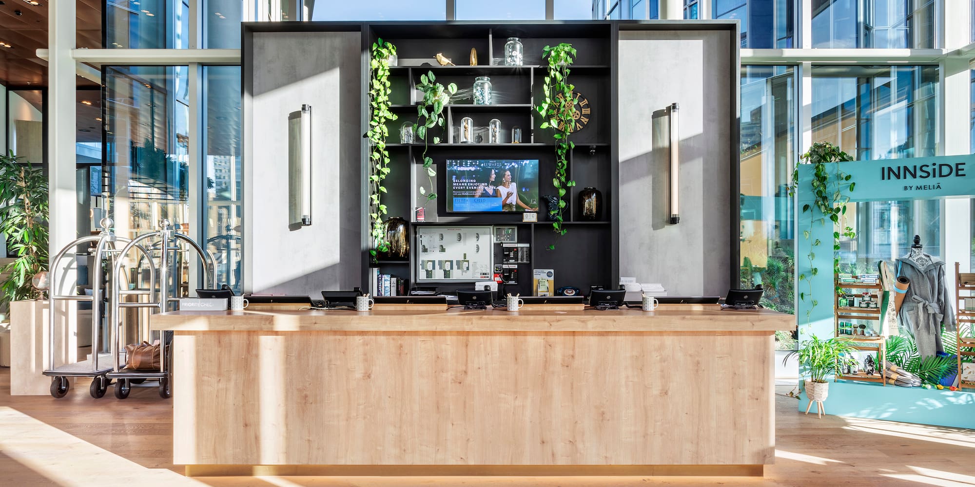 a room with a tv and shelves