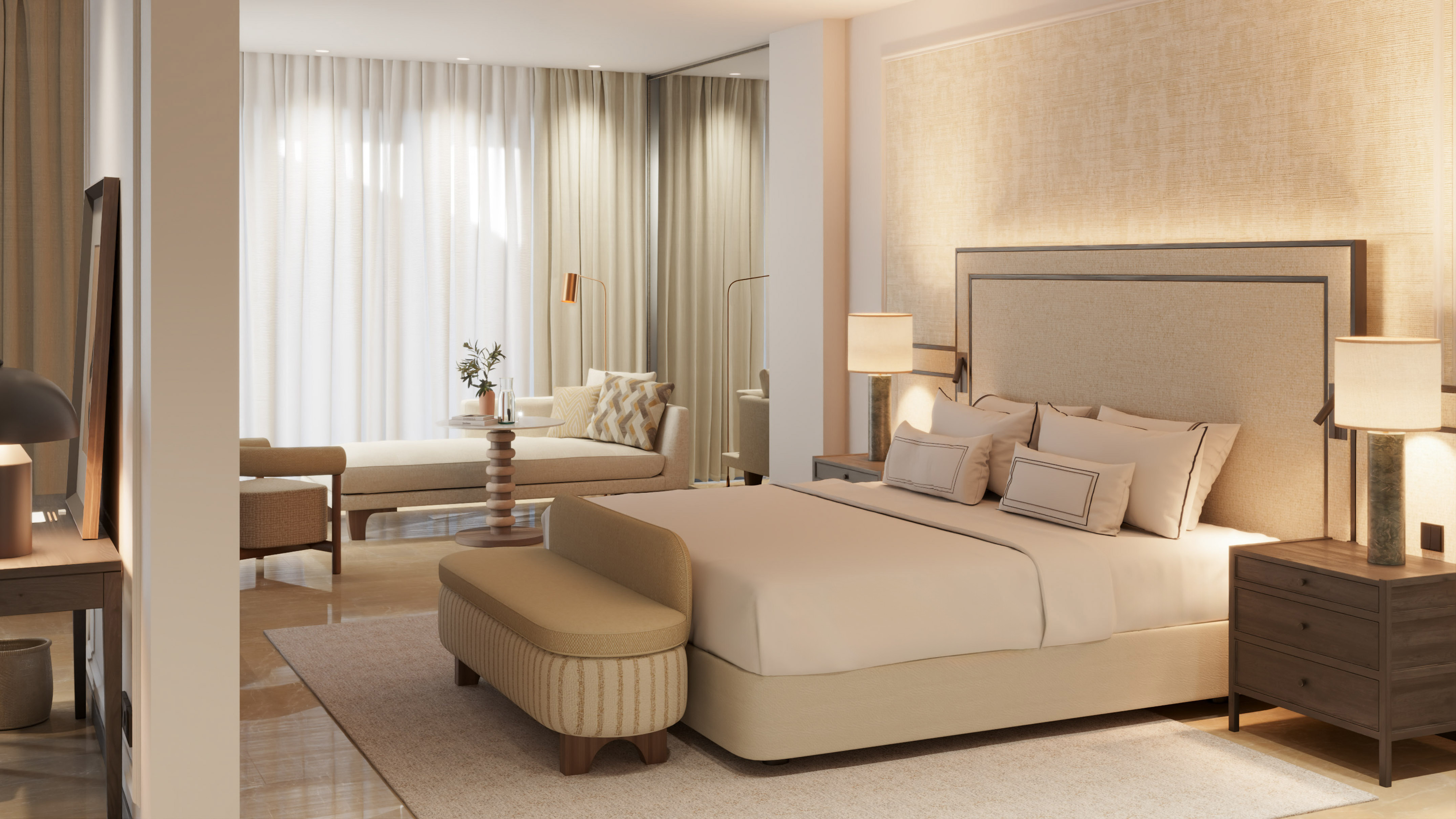 a bedroom with a bed and a table