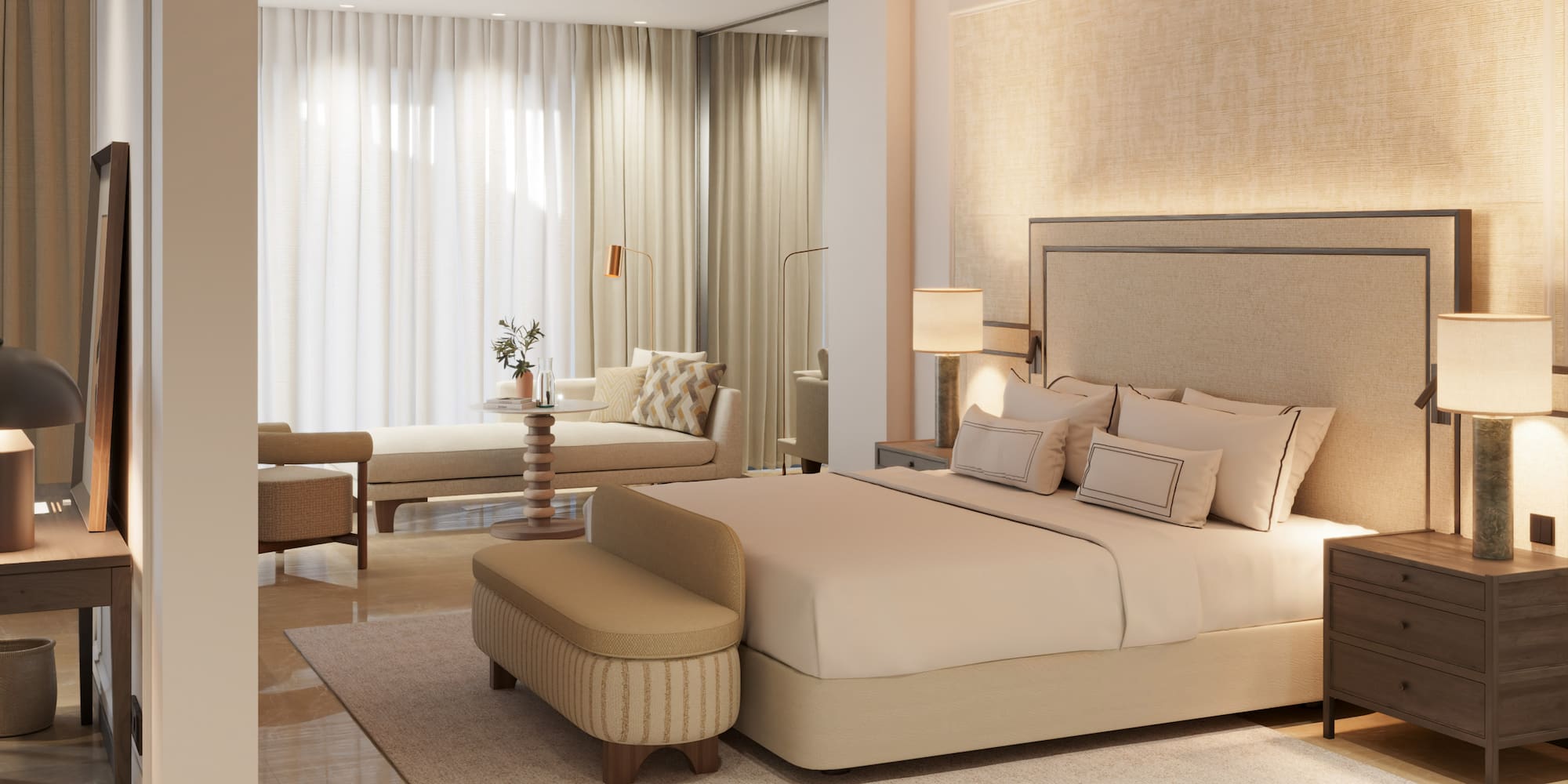 a bedroom with a bed and a table