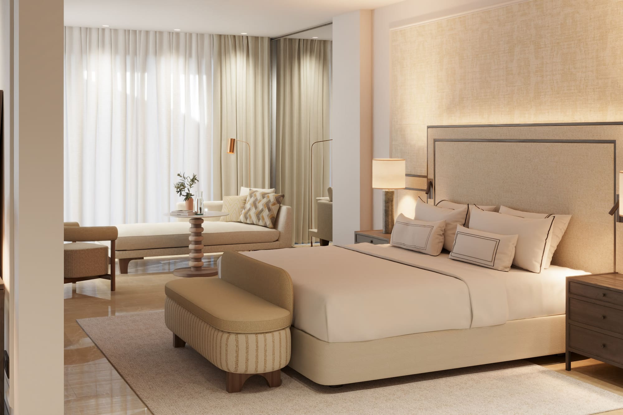 a bedroom with a bed and a table