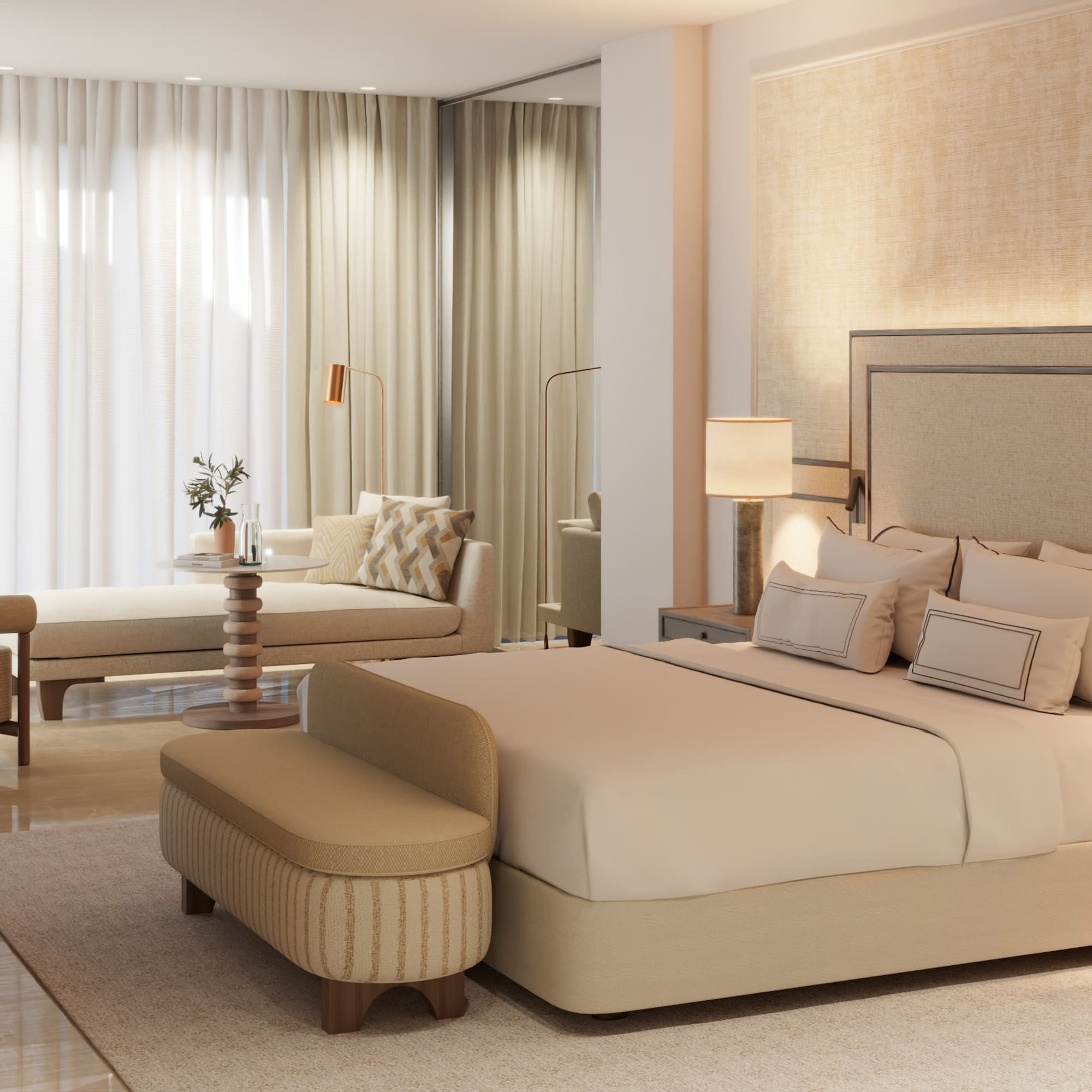 a bedroom with a bed and a table