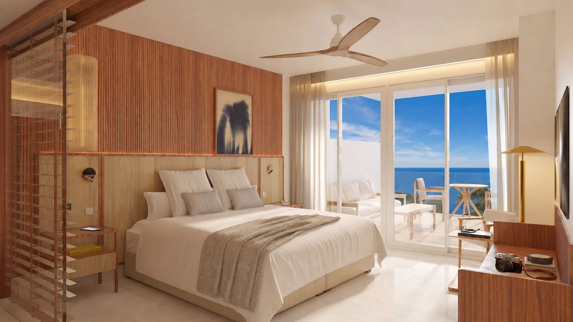 Coastal hotel room with ocean view balcony, king bed, and modern wooden decor.
