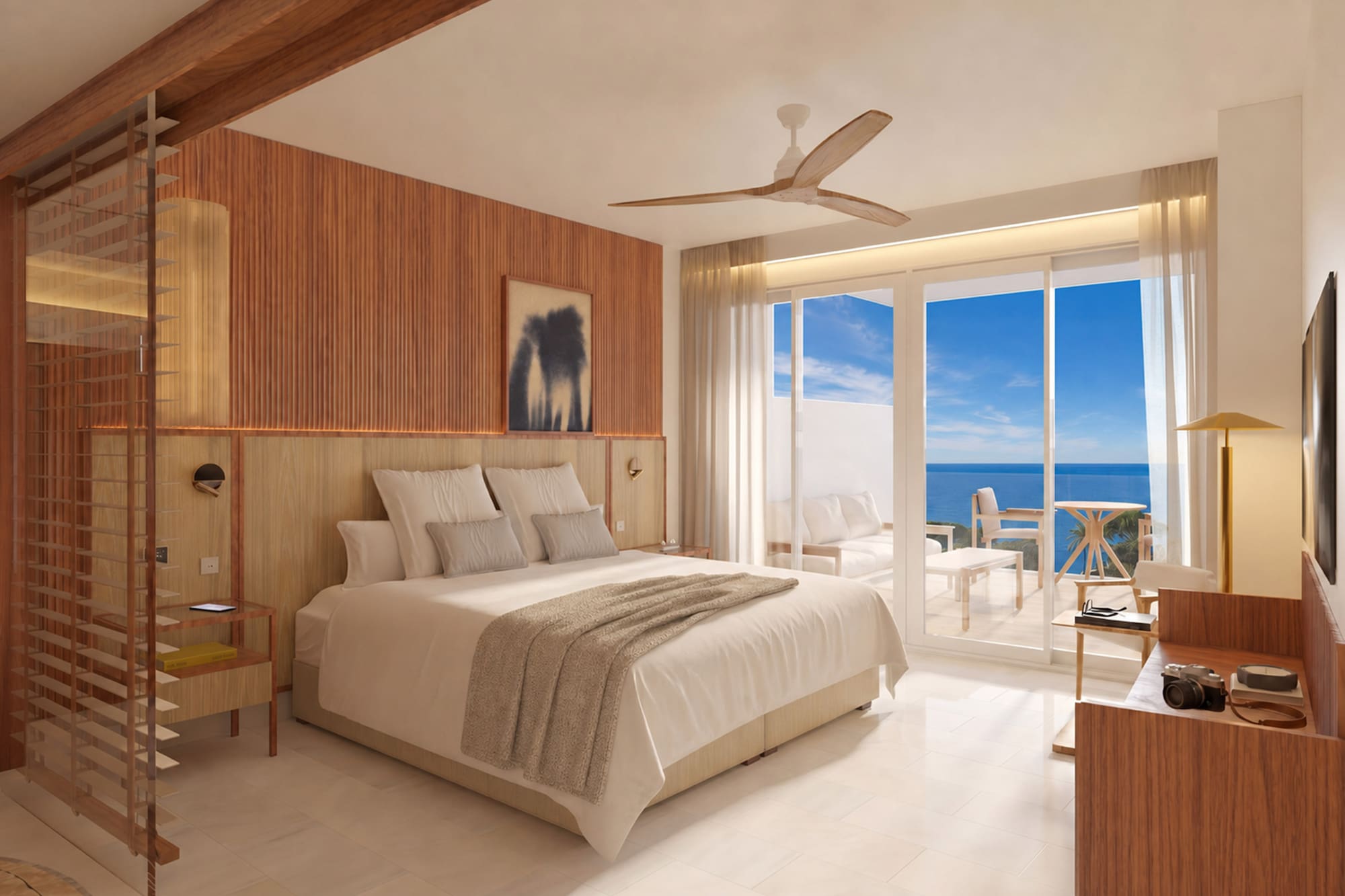 Coastal hotel room with ocean view balcony, king bed, and modern wooden decor.