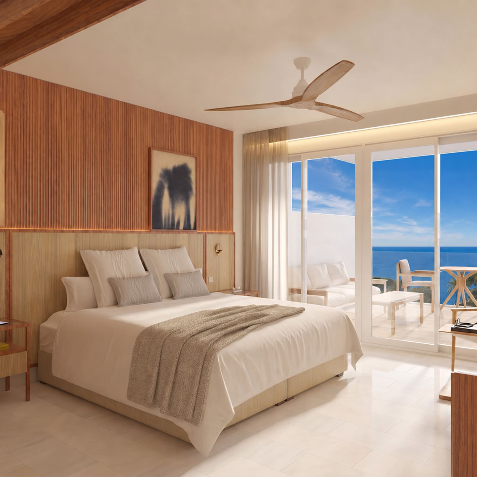 Coastal hotel room with ocean view balcony, king bed, and modern wooden decor.