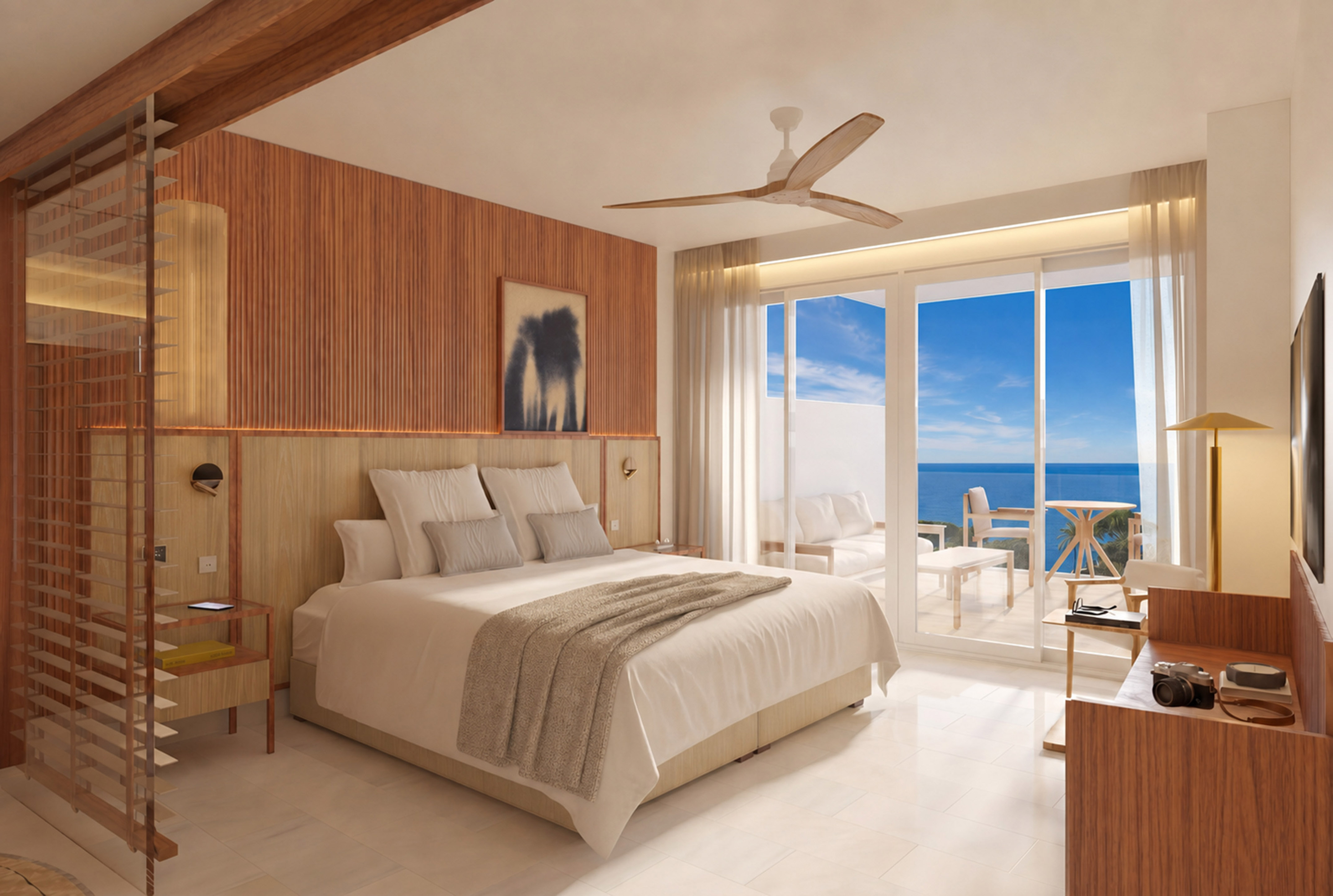 Coastal hotel room with ocean view balcony, king bed, and modern wooden decor.