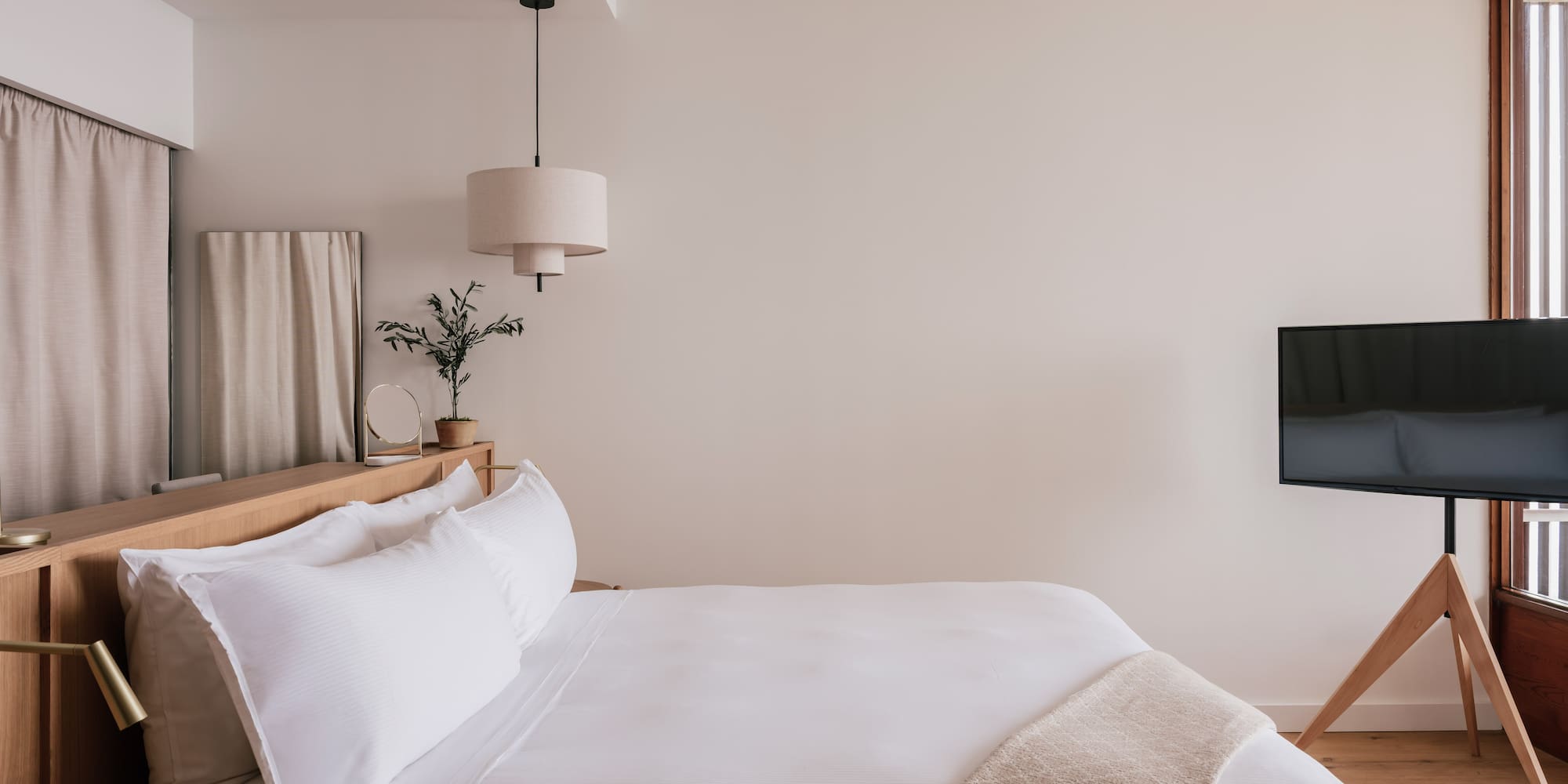 a bedroom with a tv and a bed