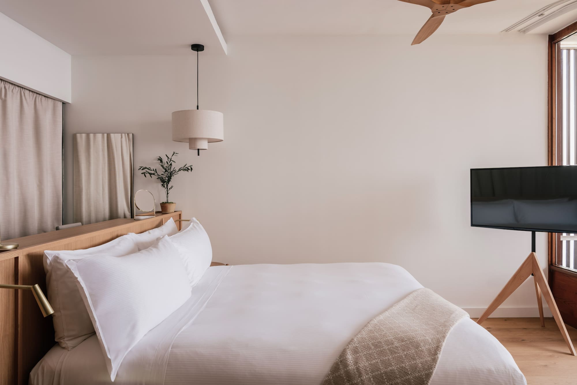 a bedroom with a tv and a bed