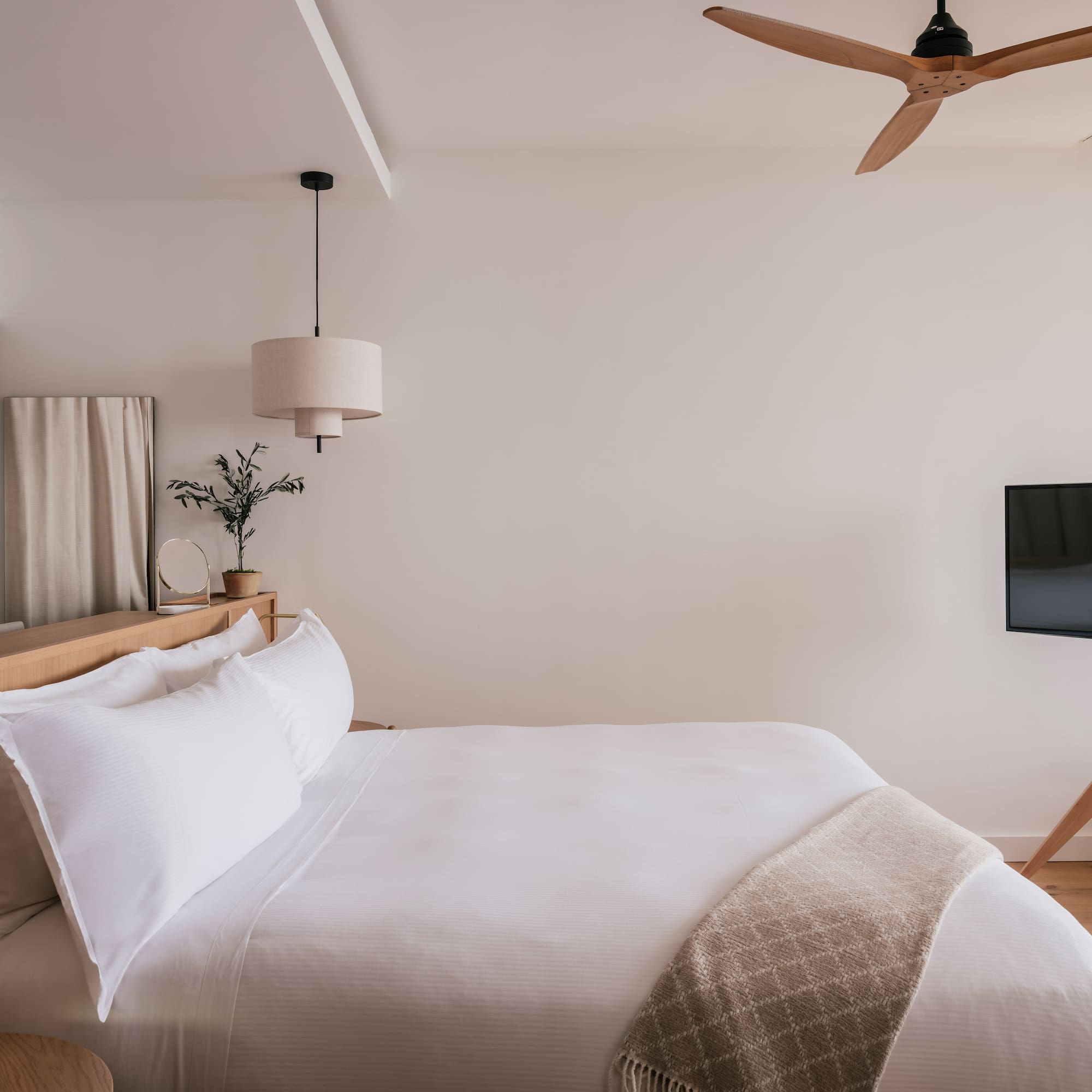 a bedroom with a tv and a bed