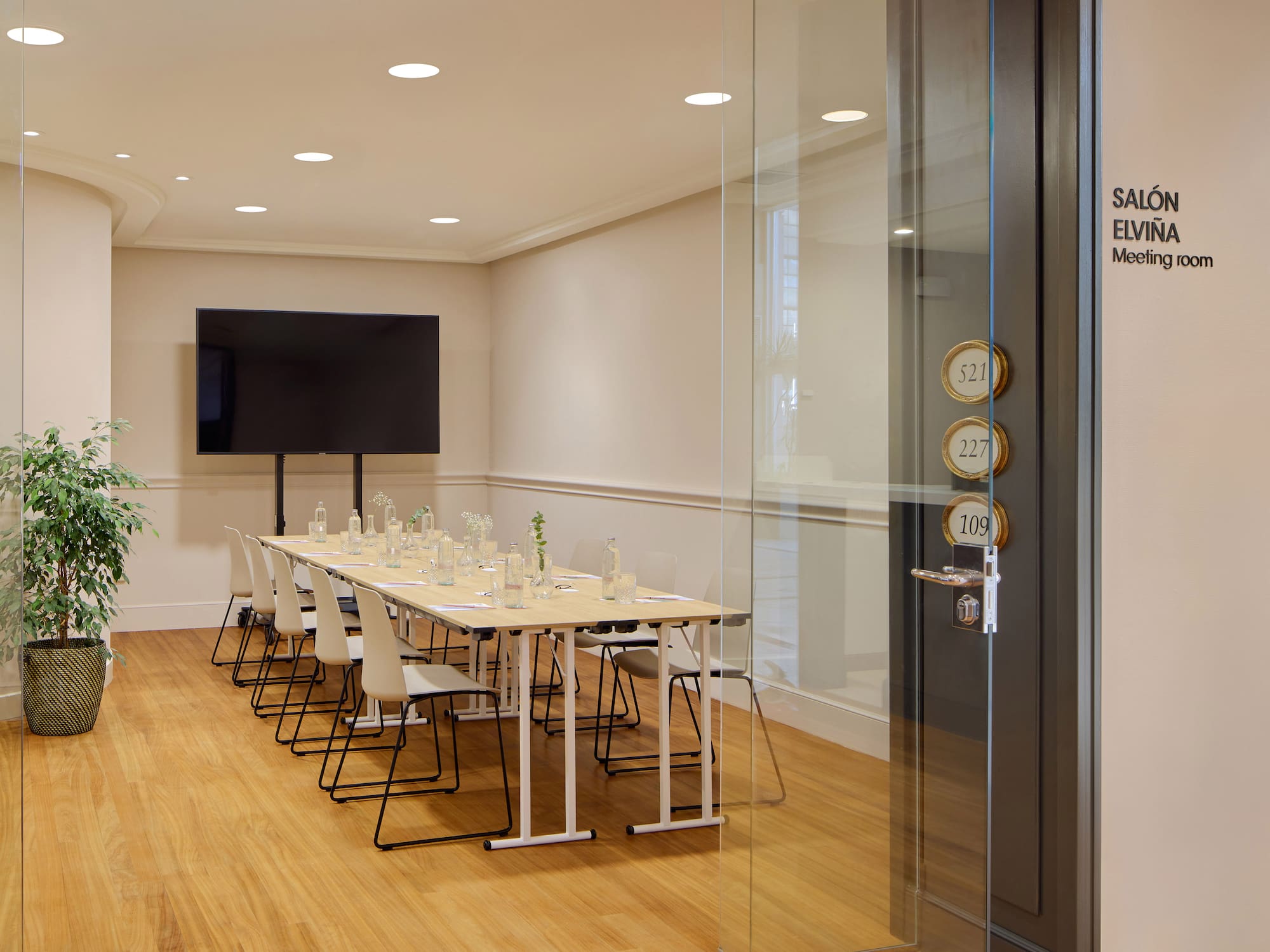Salón Elviña: sala de reuniones moderna con mesa, sillas y TV.