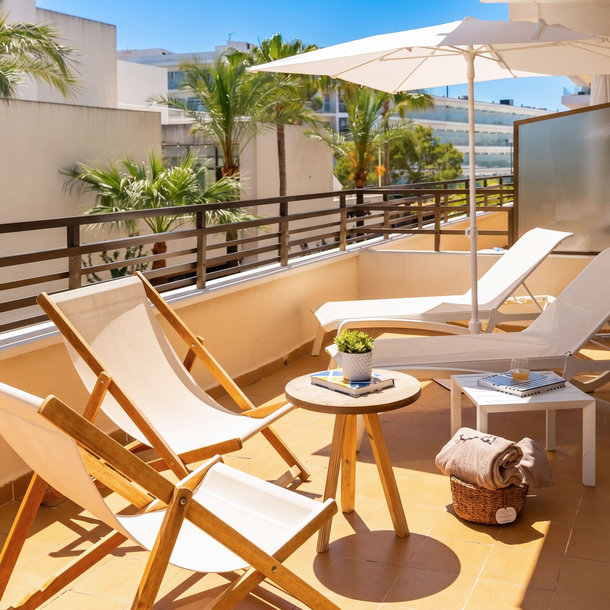 Sunny hotel balcony with white sun loungers, umbrella, and palm trees.