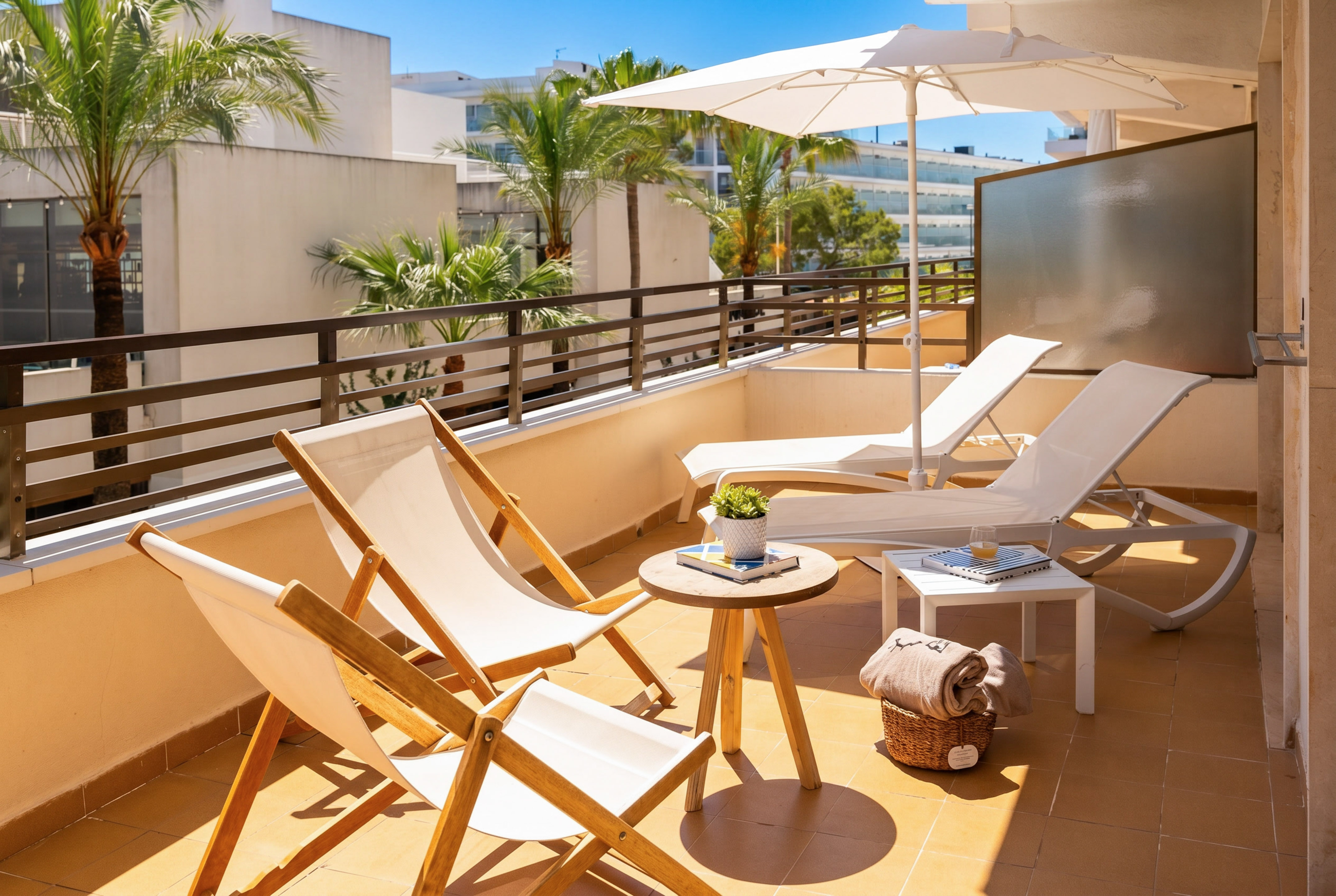 Sunny hotel balcony with white sun loungers, umbrella, and palm trees.