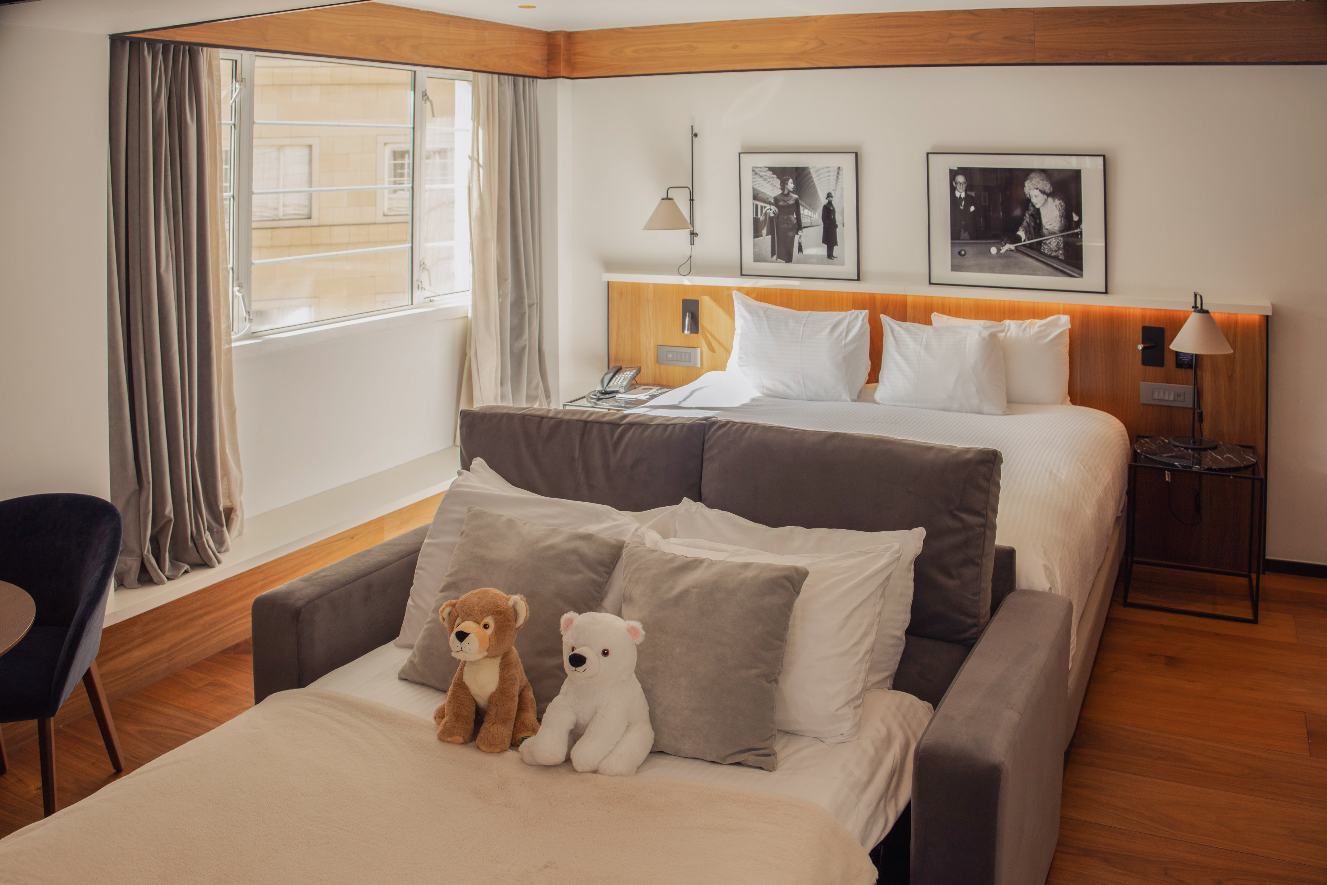 Modern hotel guest room with queen bed, sofa bed, and two plush teddy bears.