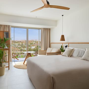 a bedroom with a large bed and a ceiling fan
