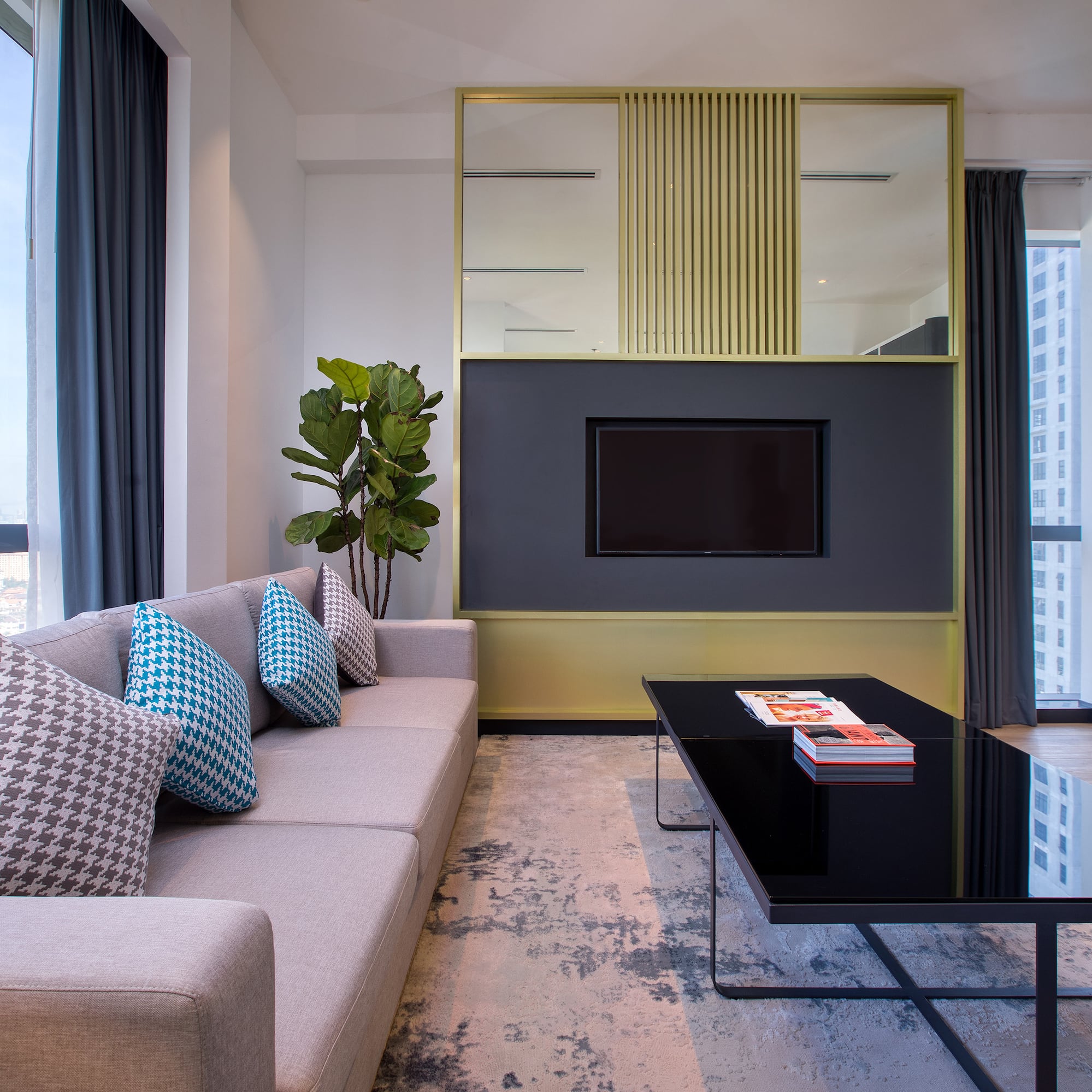 a living room with a couch and a coffee table