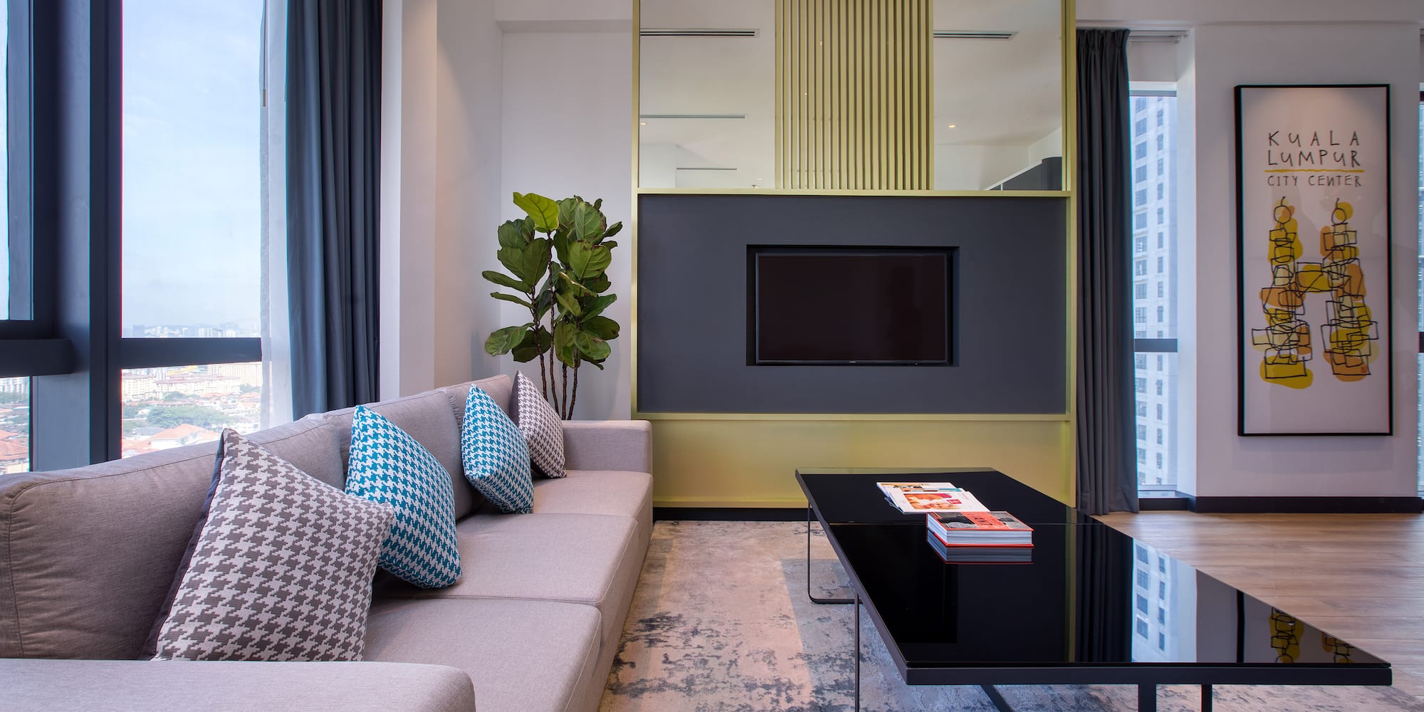 a living room with a couch and a coffee table