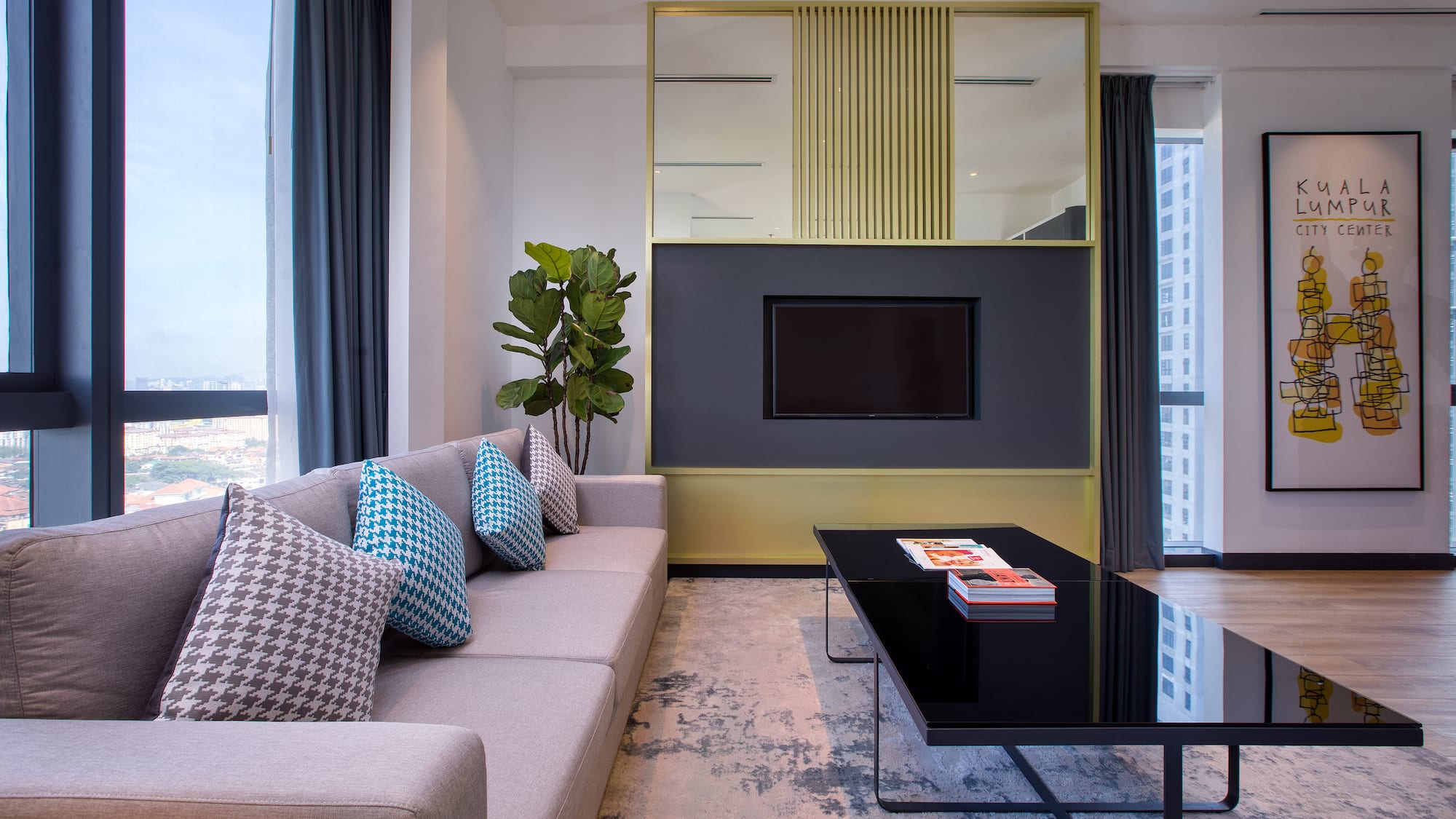 a living room with a couch and a coffee table