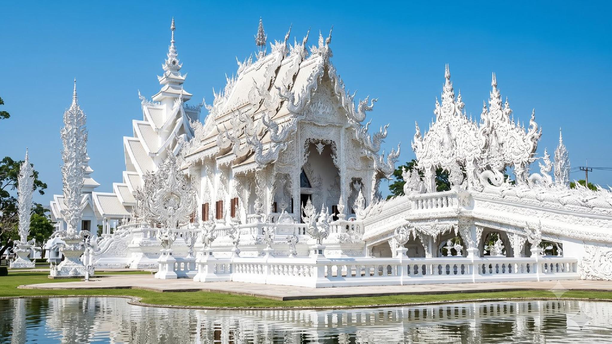 White Temple (Wat Rong Khun) in Thailand, ornate architecture reflecting in water.