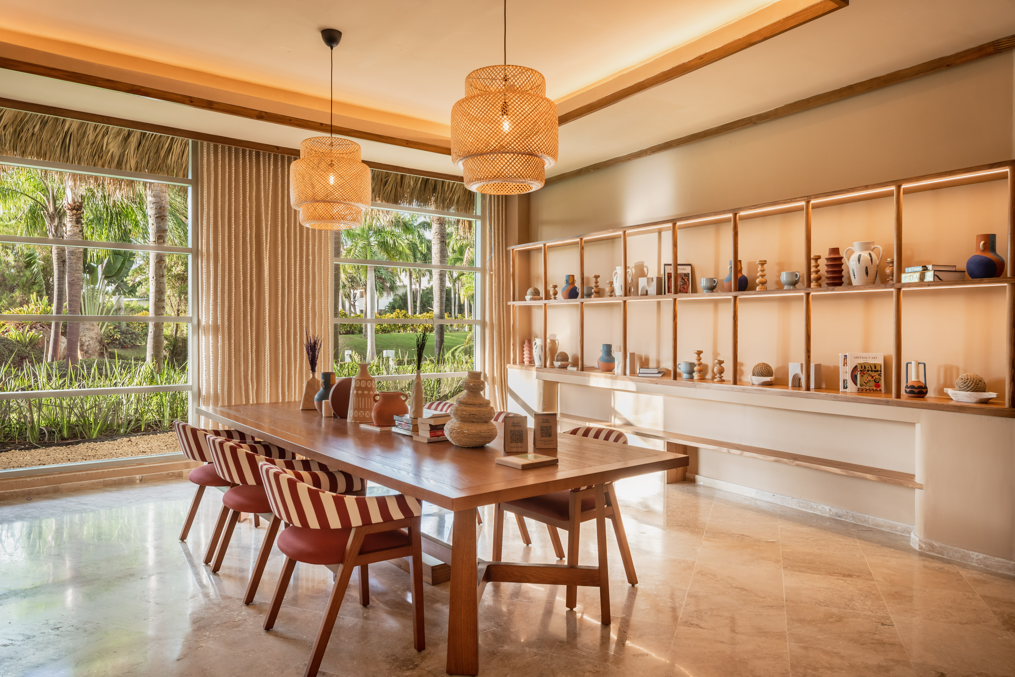 a room with a table and chairs