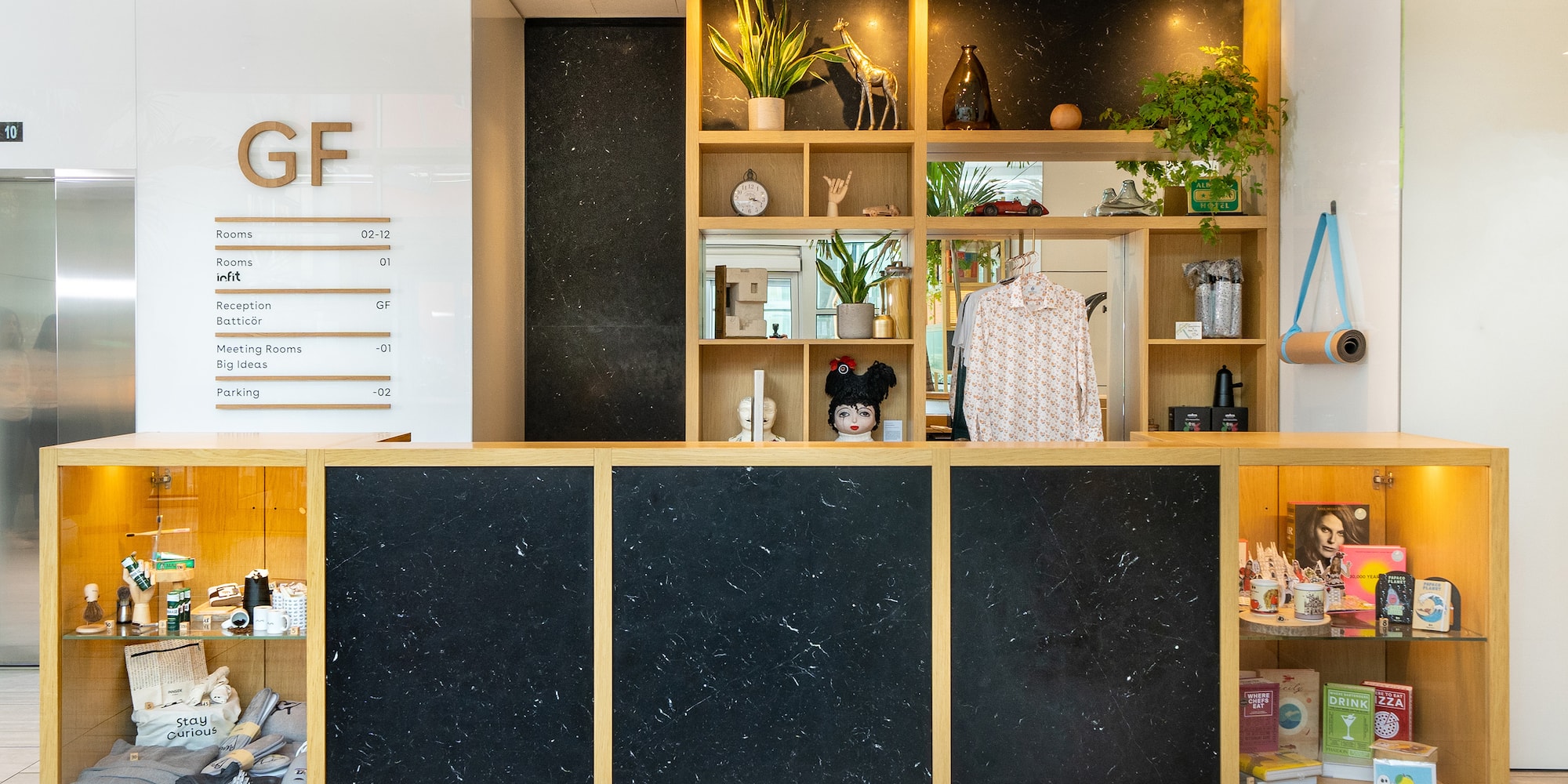 a store front with shelves and shelves