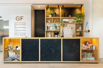 a store front with shelves and shelves