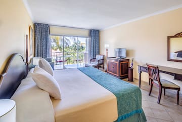 a room with a bed and a television