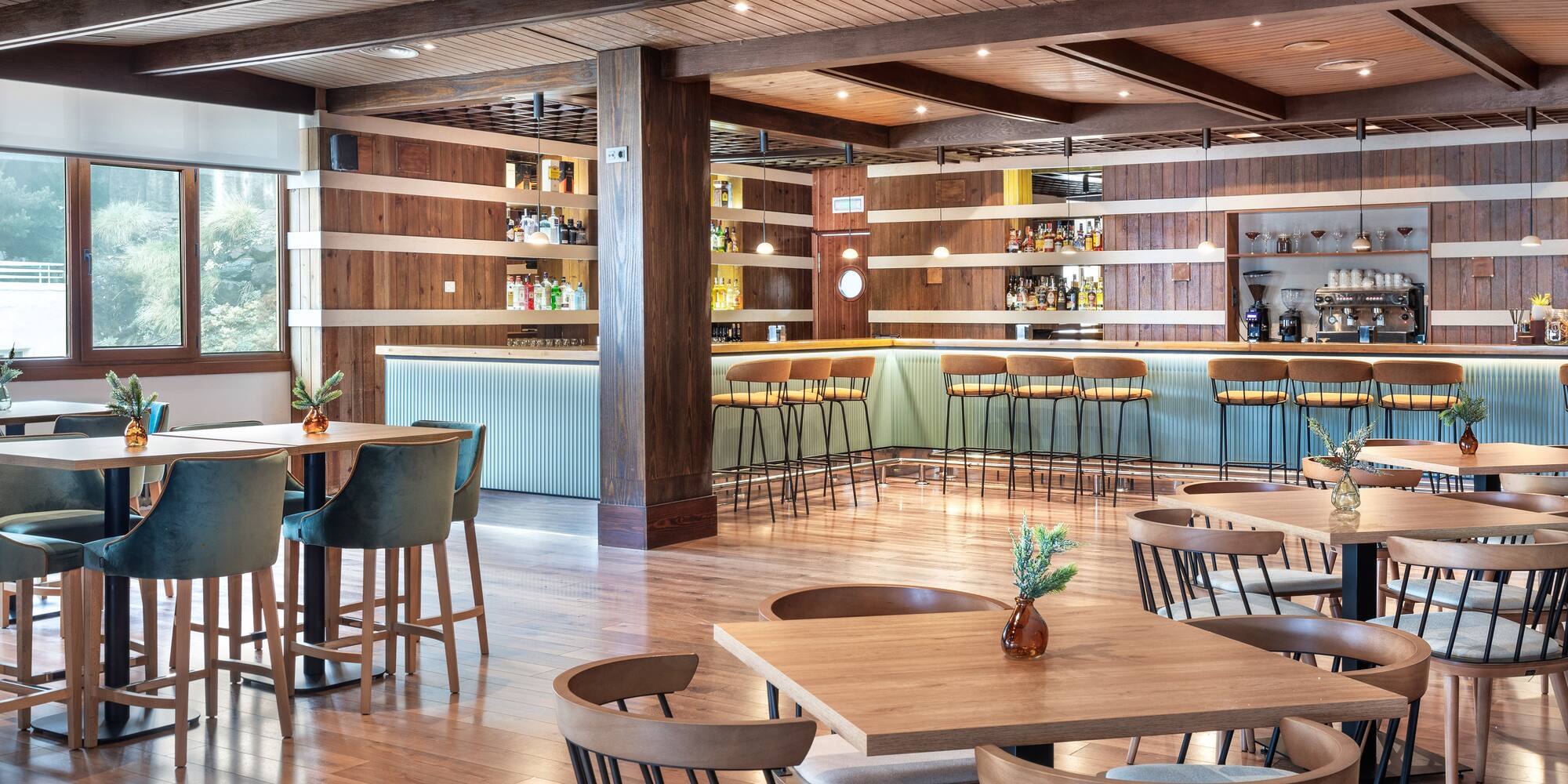 a room with tables and chairs