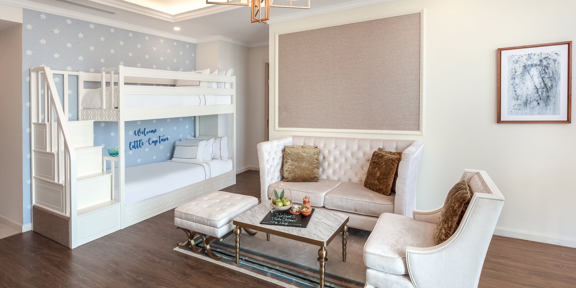 a room with a bunk bed and couch