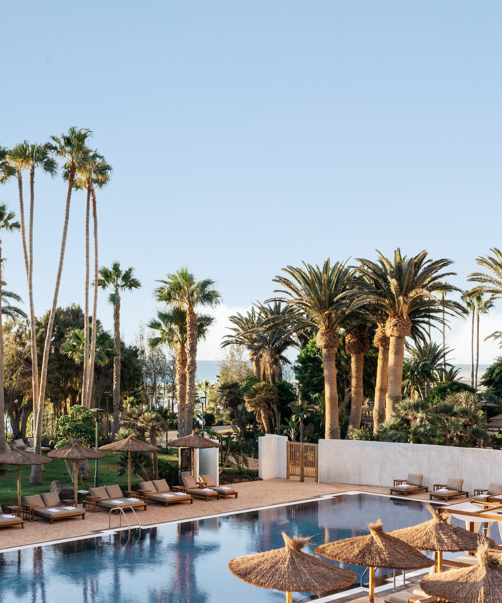 a pool with lounge chairs and umbrellas and palm trees