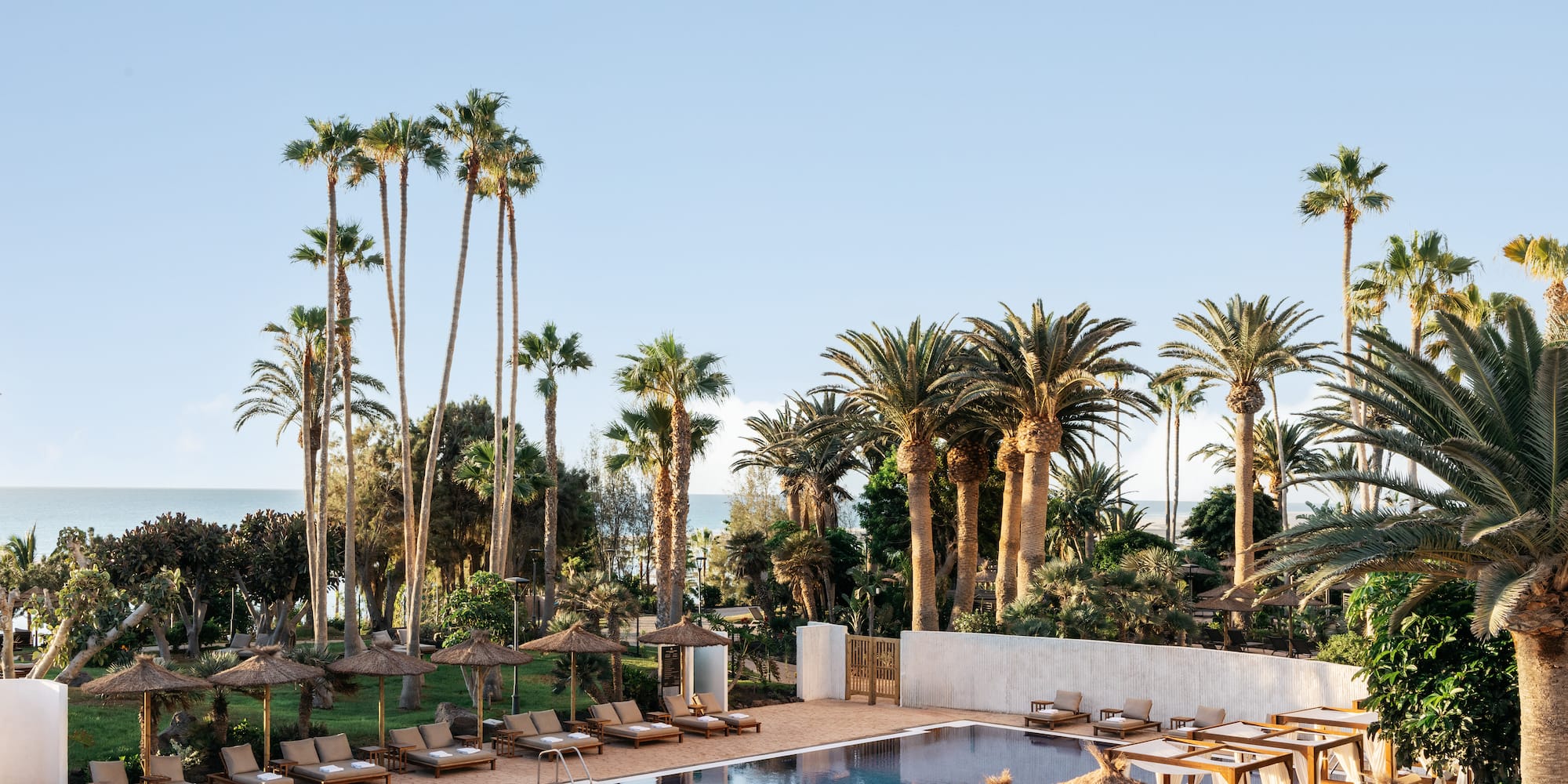 a pool with lounge chairs and umbrellas and palm trees