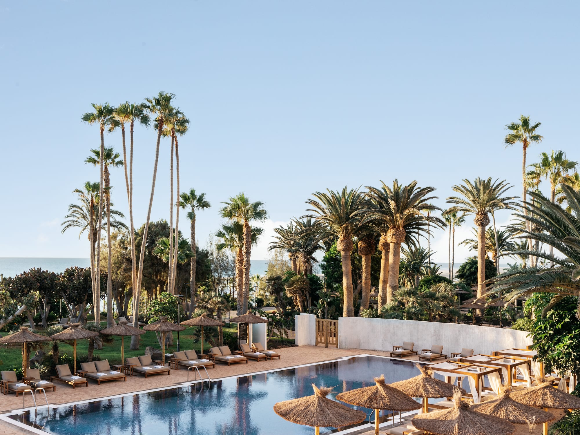 a pool with lounge chairs and umbrellas and palm trees