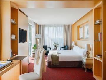 a room with a bed and a tv