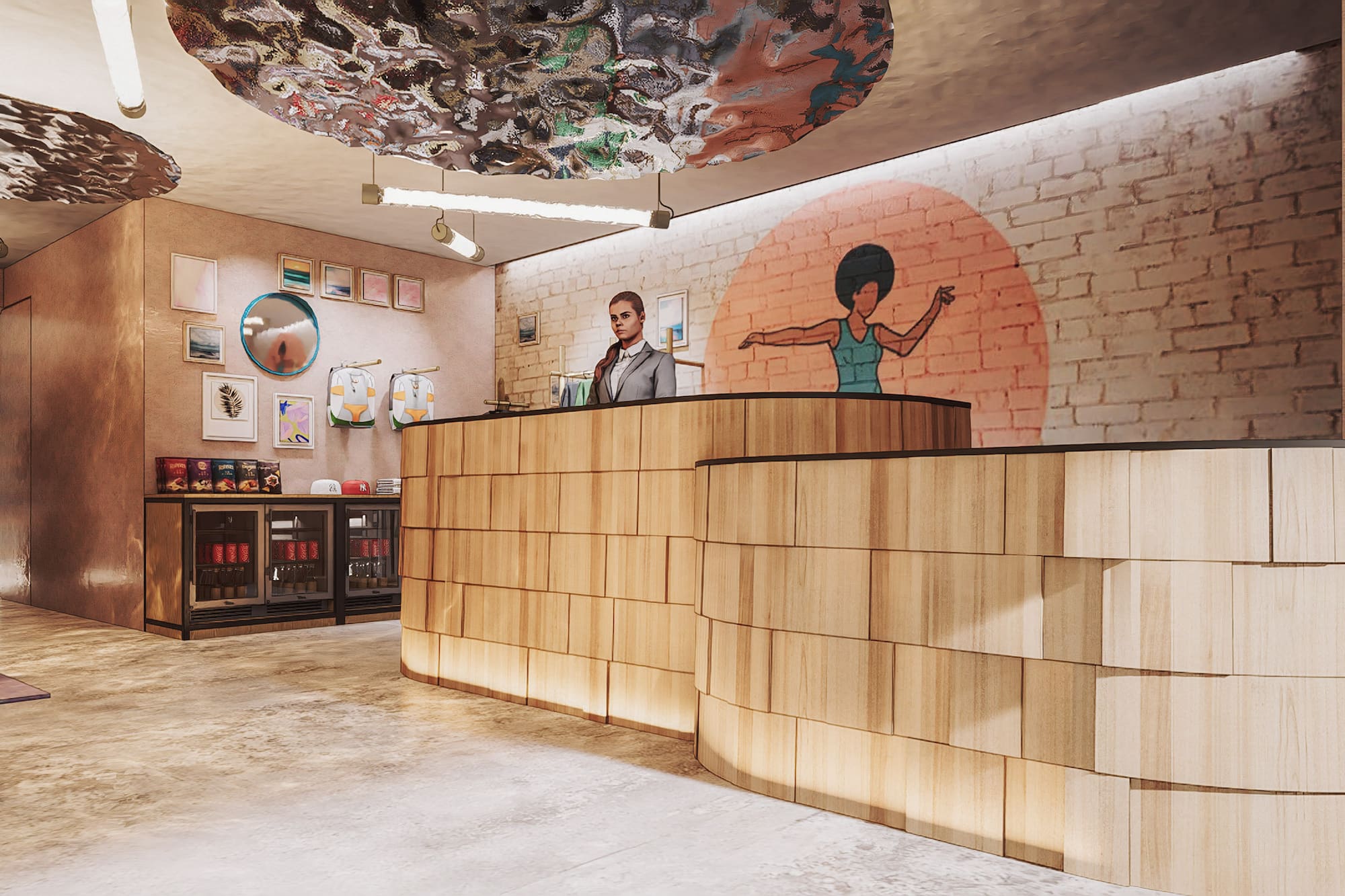 Hotel reception with wooden desk, staff, colorful mural, modern interior design.