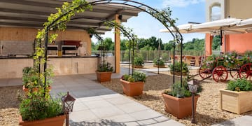 a patio with a pergola and plants