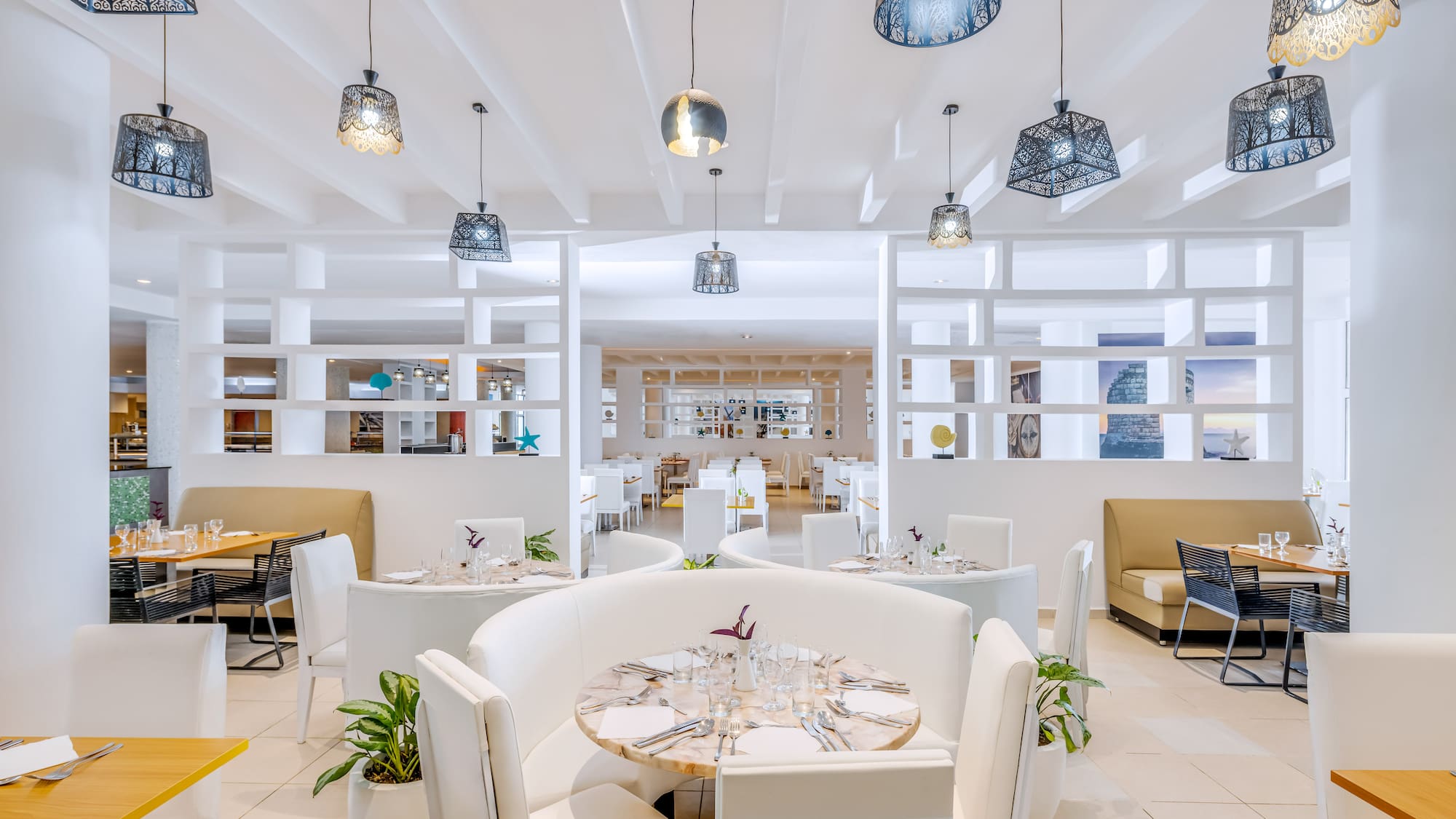 a room with tables and chairs