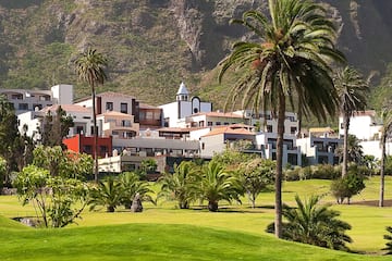 a green lawn with palm trees and buildings in the background