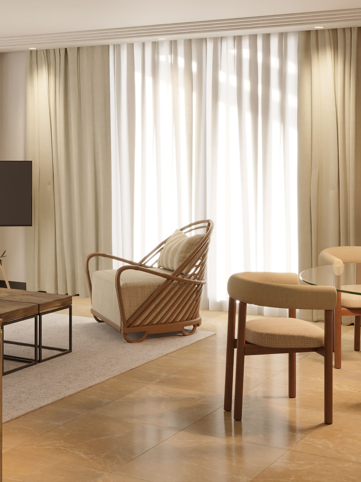 a living room with a television and a table