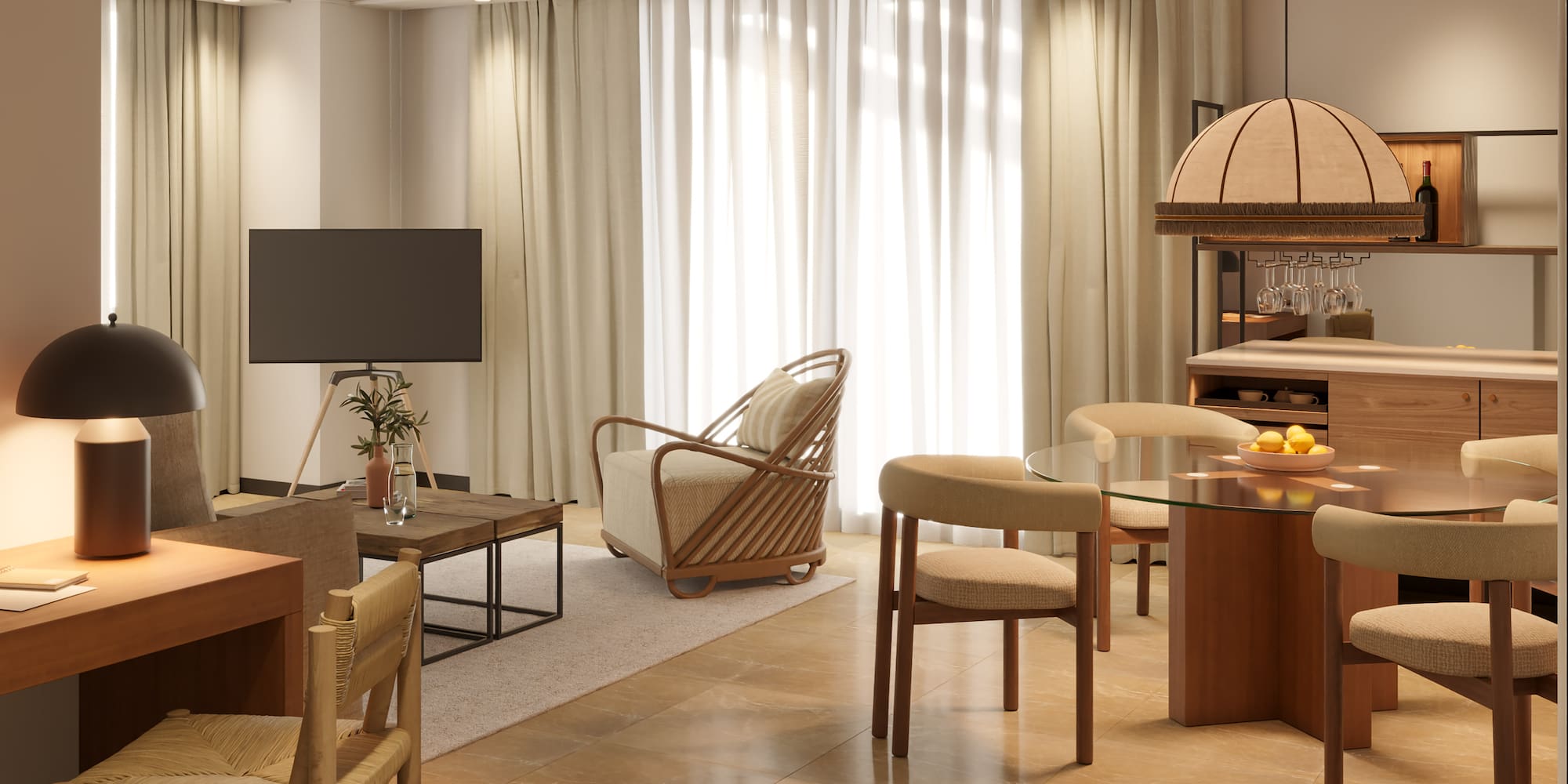 a living room with a television and a table