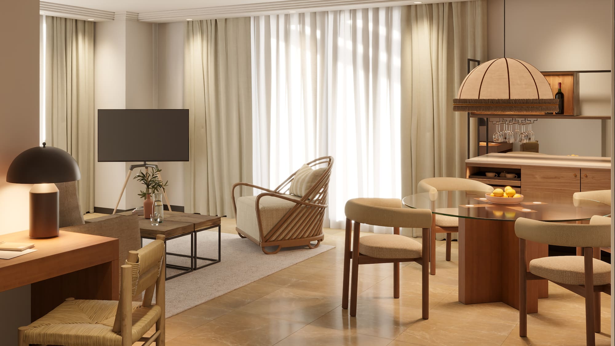 a living room with a television and a table