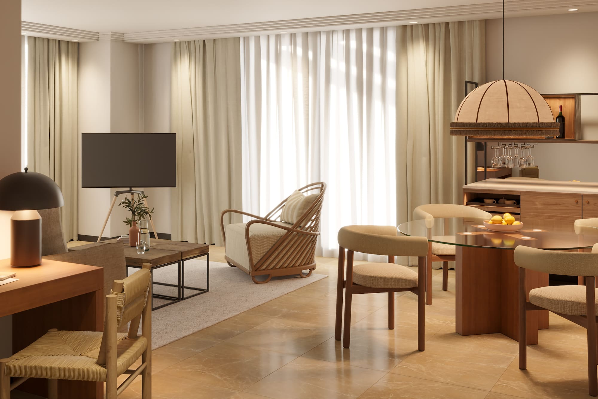 a living room with a television and a table