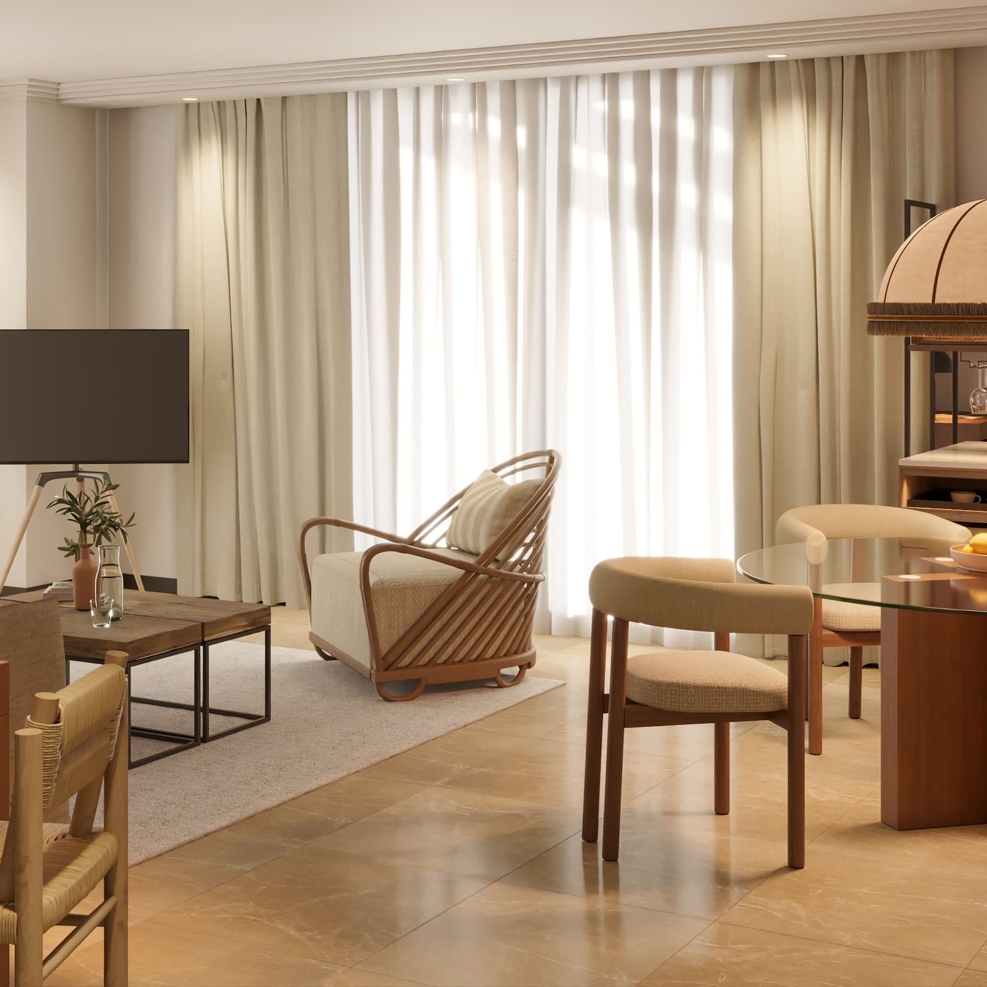 a living room with a television and a table