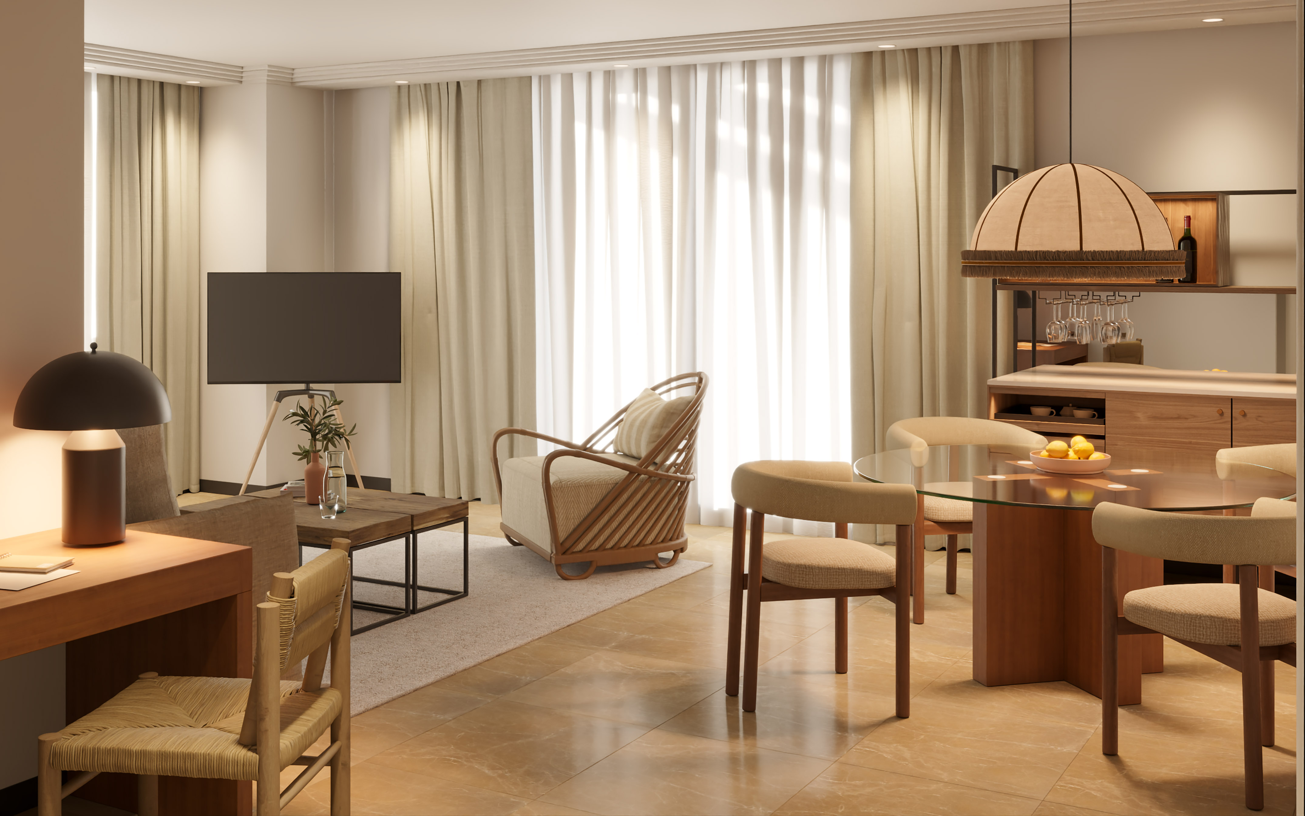 a living room with a television and a table