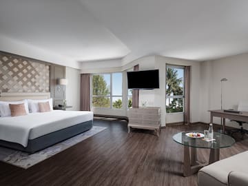 a room with a bed and a television