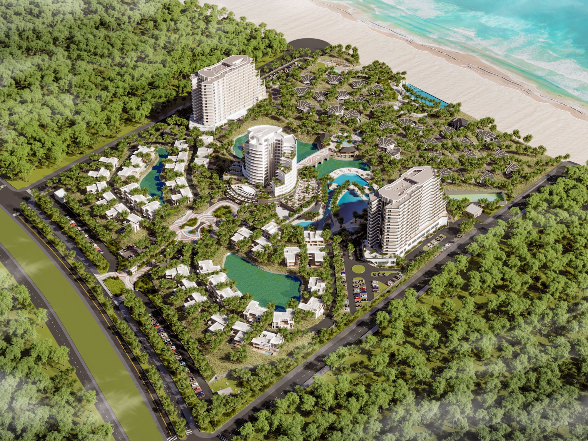 Beach resort master plan: hotels, villas, pools, and oceanfront.