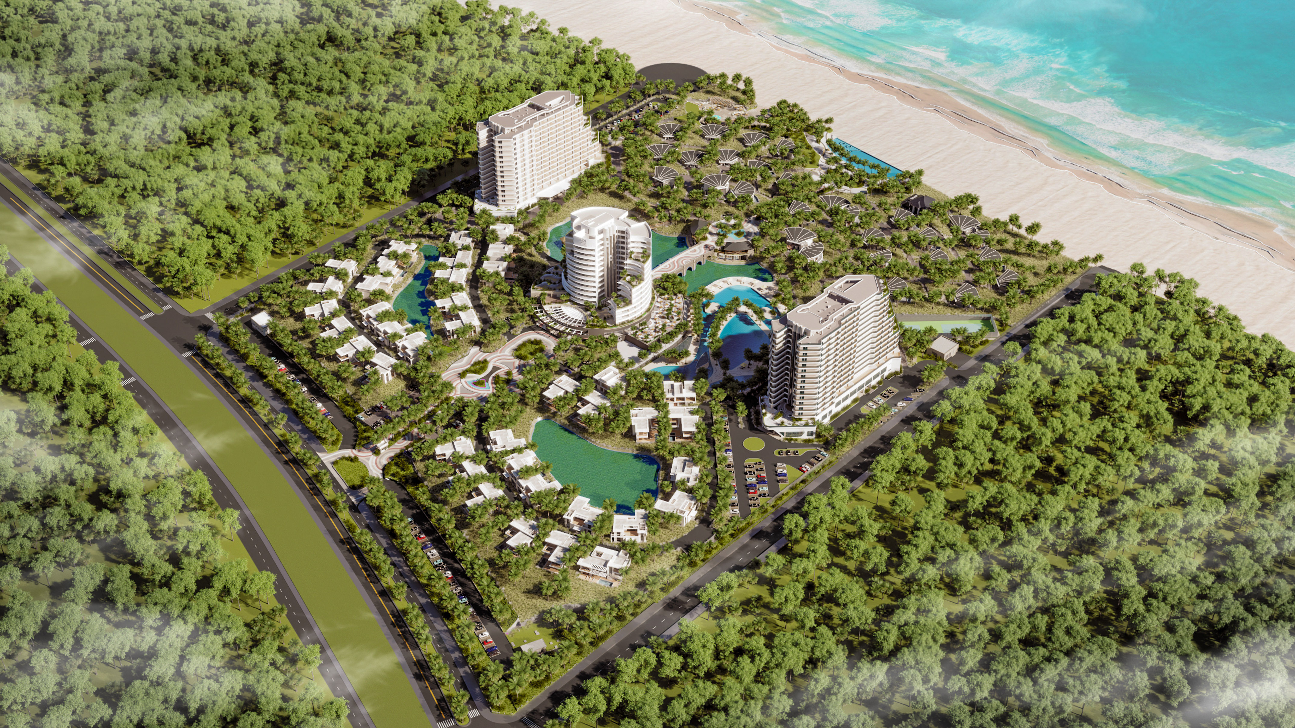 Beach resort master plan: hotels, villas, pools, and oceanfront.