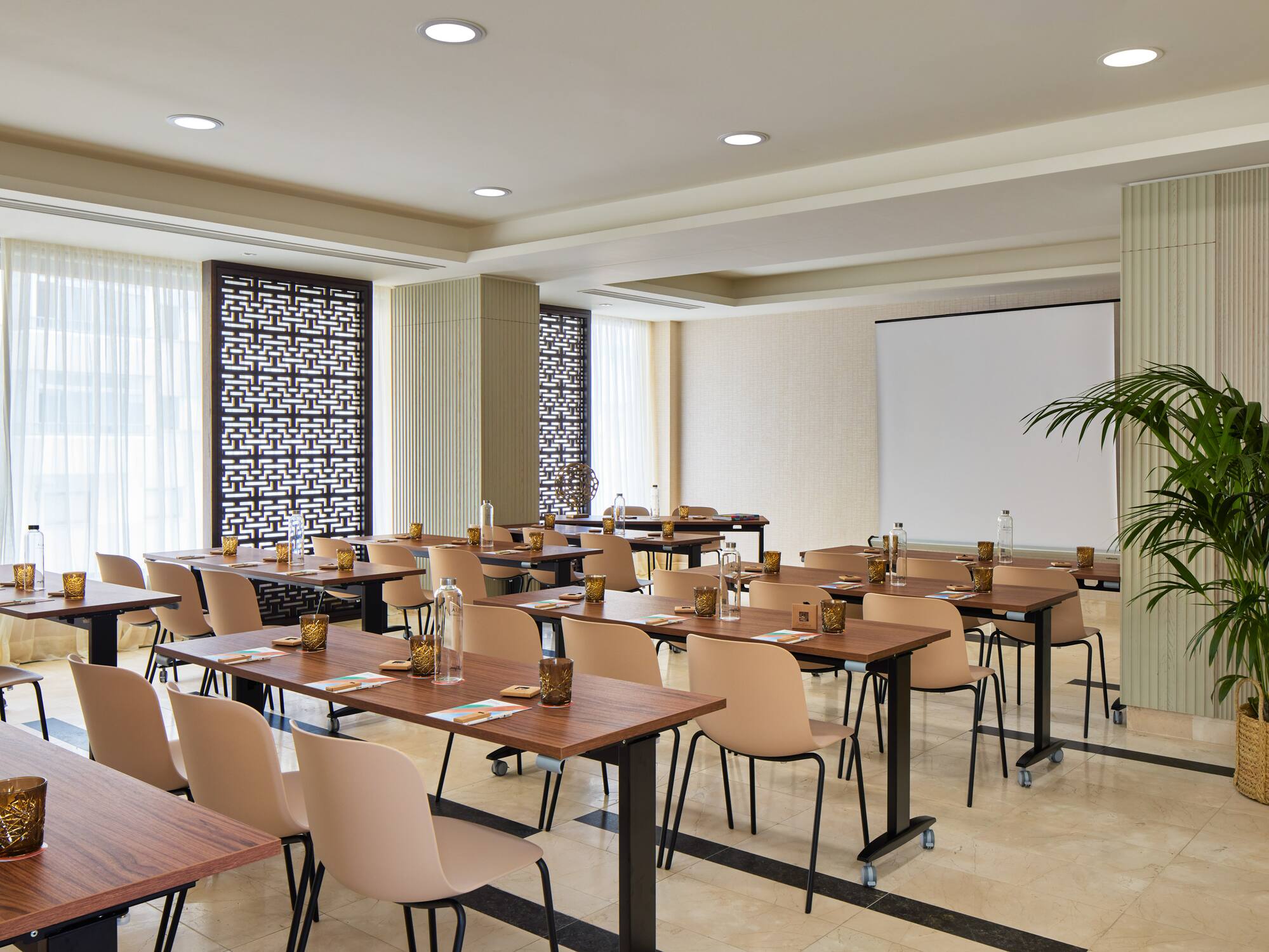 a room with tables and chairs