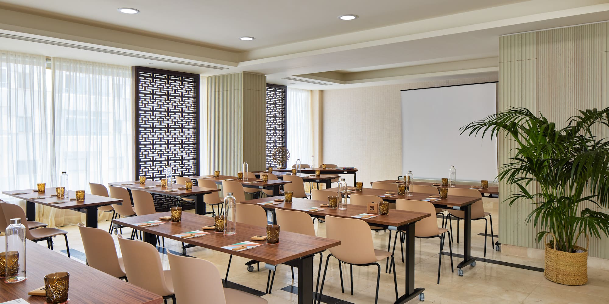 a room with tables and chairs